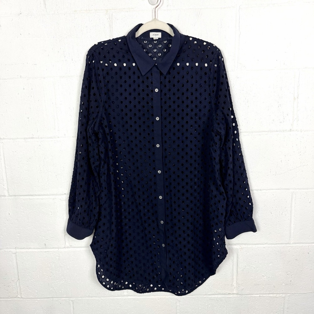J Crew Button Front Eyelet Cover Up Size L Navy Travel Coastal Preppy Beach Boat